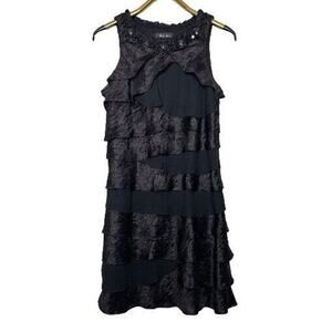 SL Fashions Size 14 Black Retro Flapper Style Beaded Black Ruffle Tiered Dress